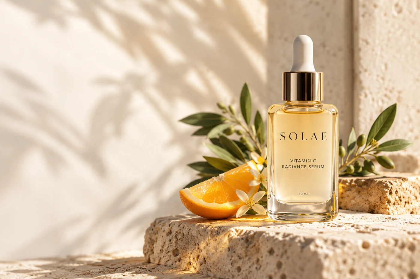 Sérum conceptual SOLAE com luz mediterrânica, citrinos e pedra clara